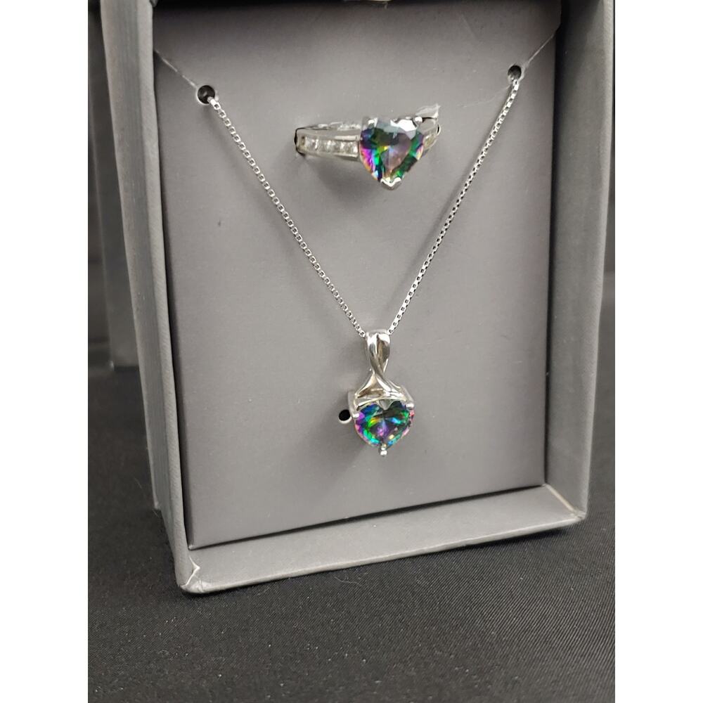 Sterling Silver Mystic Stone Heart Ring and Necklace Set Ring 7.5 Chain 18"